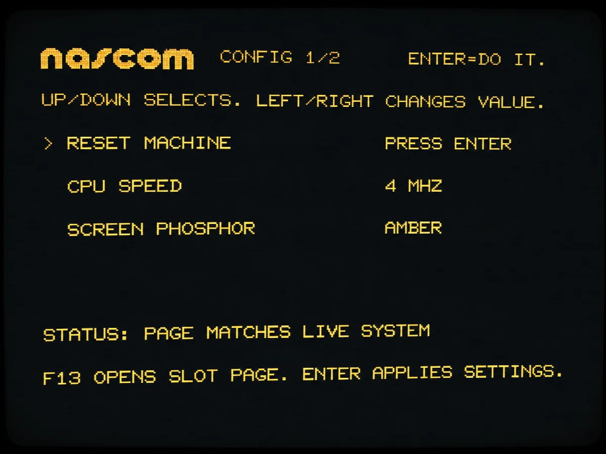 Nascom 2 core configuration screen